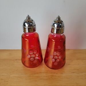 Red Glass Salt and Pepper Shakers with Silver Tops Engravings Antique Rare